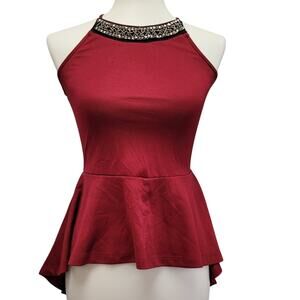 Miss Chievous Womens Small Spaghetti Strap Beaded Neck Hi Low Peplum Top